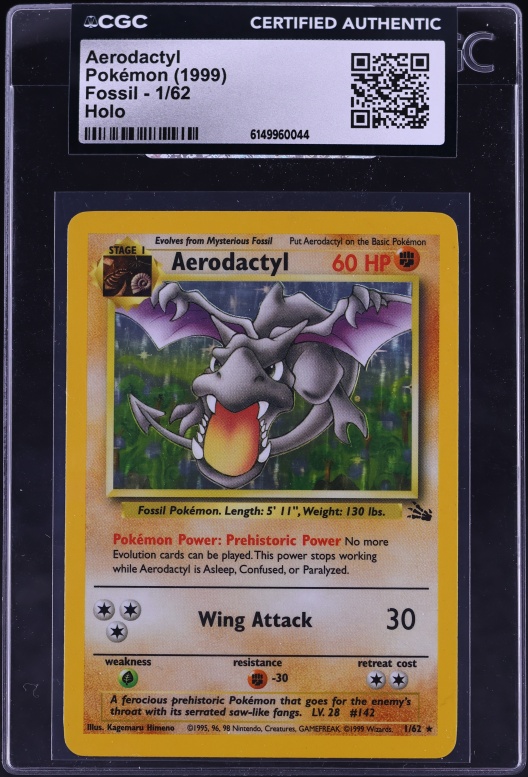 aerodactyl pokemon card 1 62 Aerodactyl Fossil 1st Edition Prerelease Holo 1/62 PSA 8 – TBC Games main image 1
