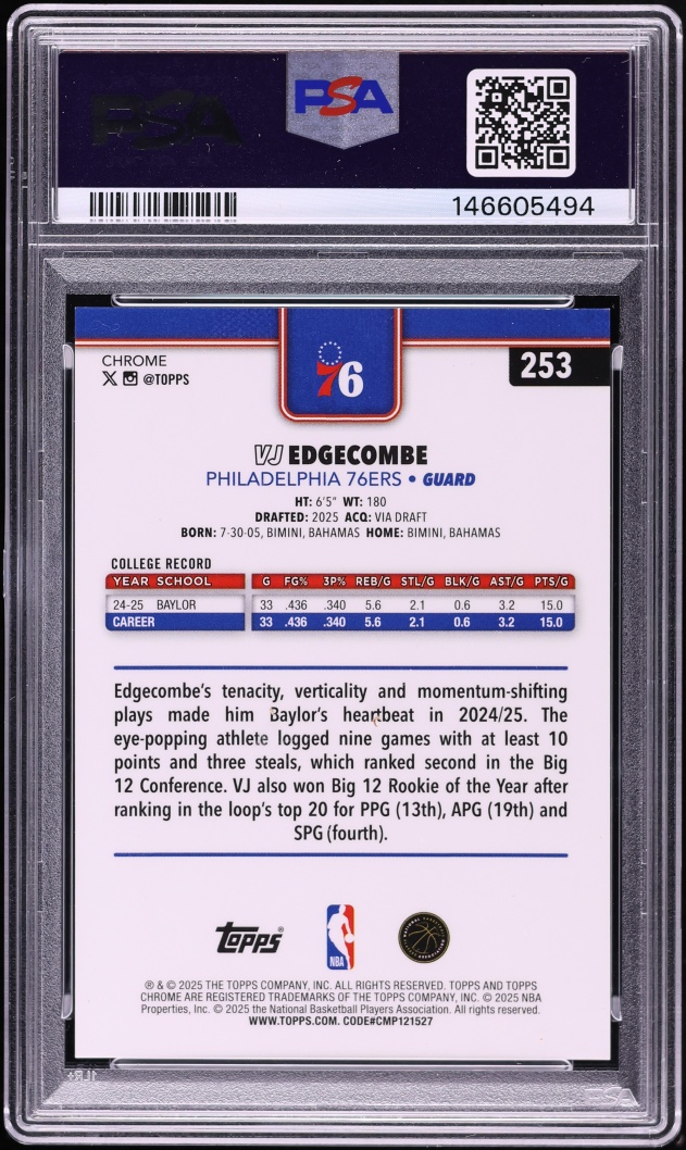 2025 Topps Chrome Gold Refractor VJ Edgecombe ROOKIE /50 #253 PSA 9 MINT
