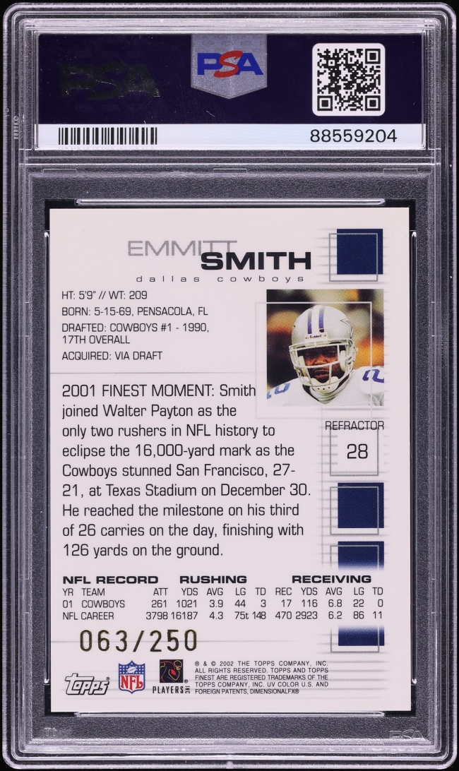 2002 Finest Refractor Emmitt Smith /250 #28 PSA 10 GEM MINT
