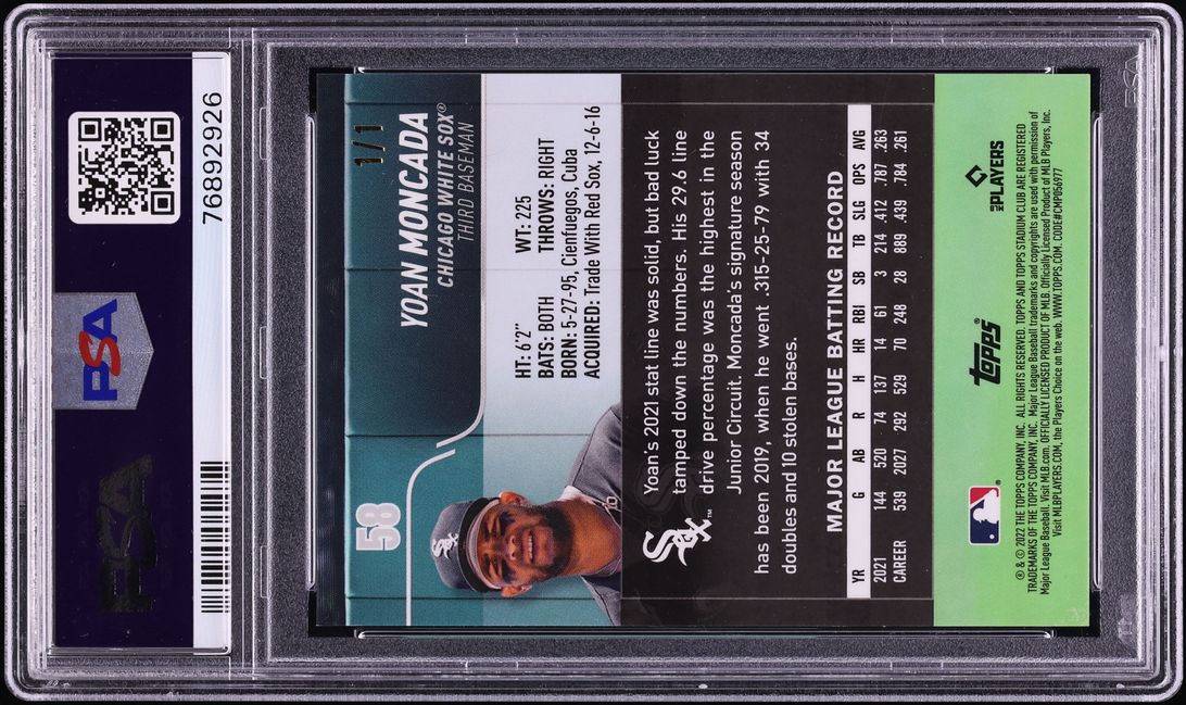 2022 Stadium Club Chrome Superfractor Yoan Moncada 1/1 #58 PSA 9 MINT