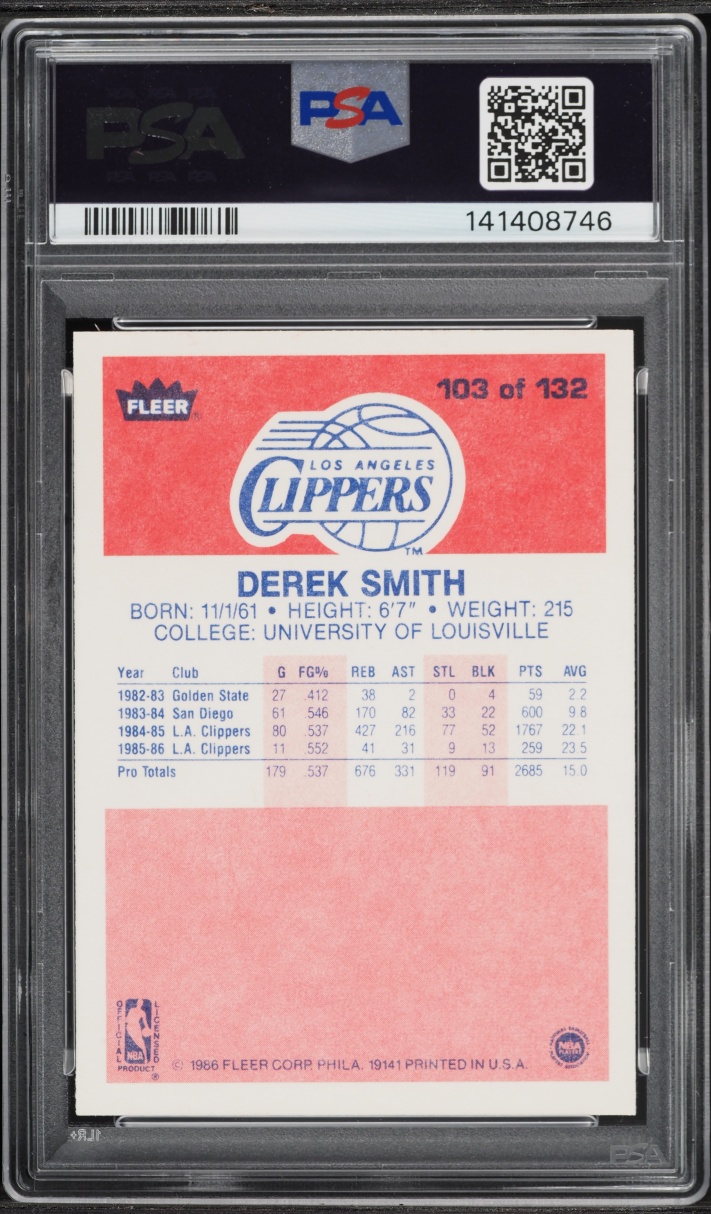 1986 Fleer Basketball Derek Smith #103 PSA 8 NM-MT