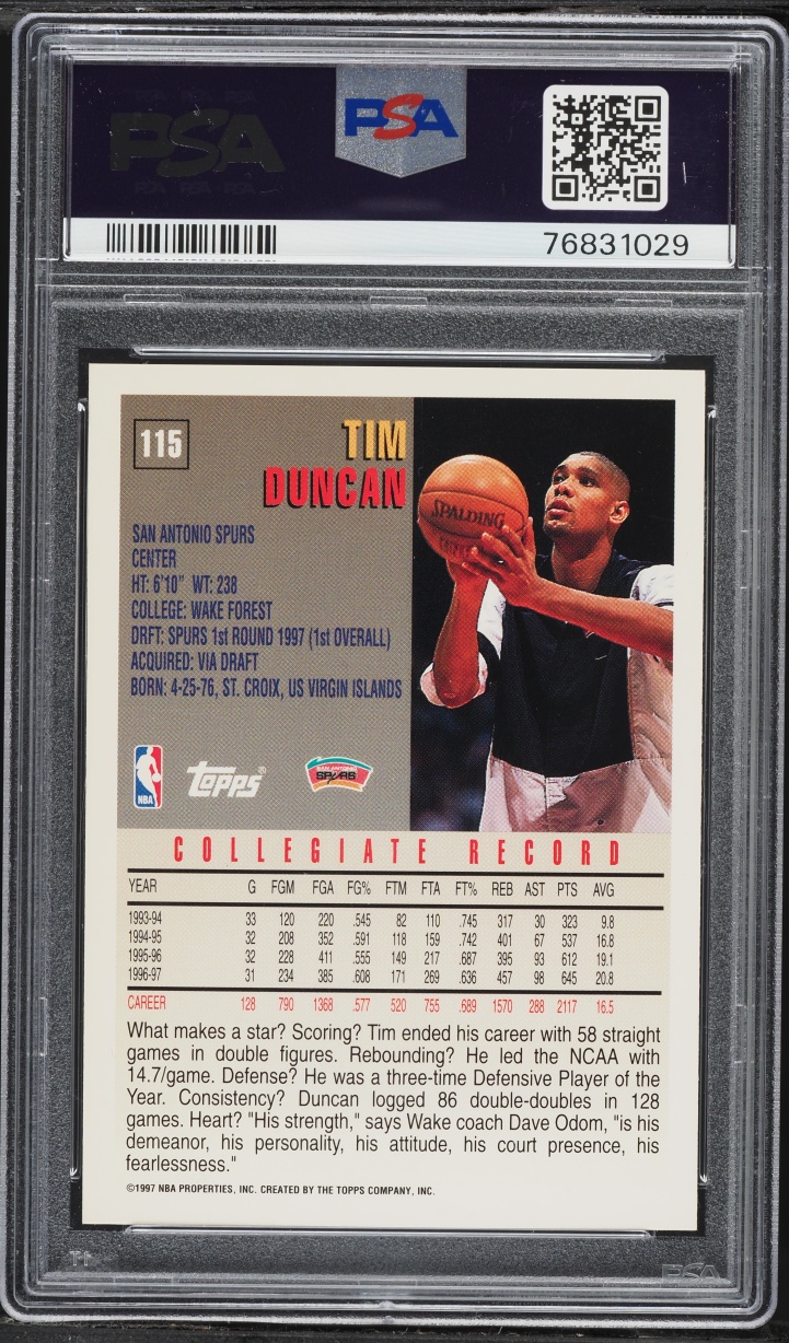 1997 Topps Basketball Tim Duncan ROOKIE #115 PSA 9 MINT