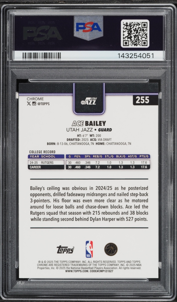 2025 Topps Chrome Xfractor Ace Bailey ROOKIE #255 PSA 10 GEM MINT