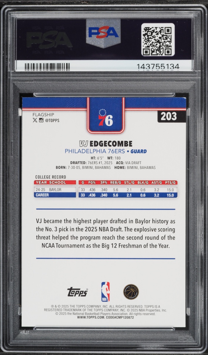2025 Topps Basketball VJ Edgecombe ROOKIE #203 PSA 9 MINT