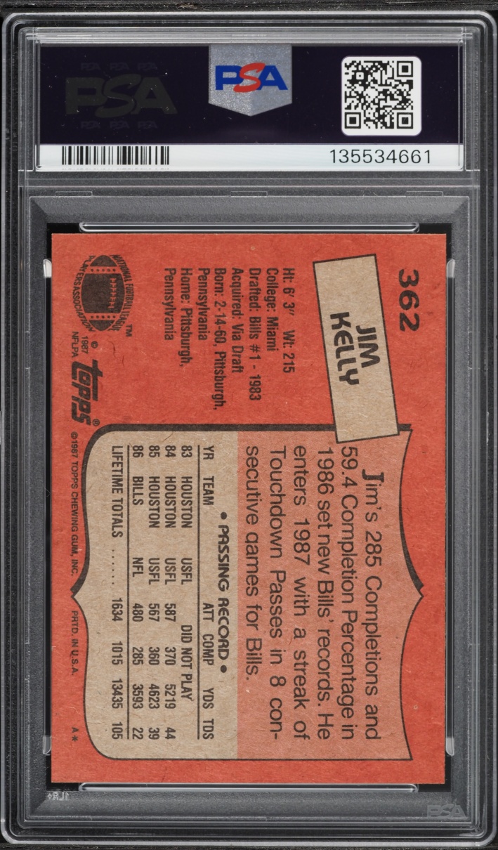1987 Topps Football Jim Kelly ROOKIE #362 PSA 8 NM-MT