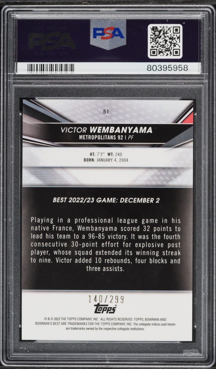 2022 Bowman Chrome Un Best Mini Diamond Refractor Victor Wembanyama ROOKIE /299 #51 PSA 10 GEM