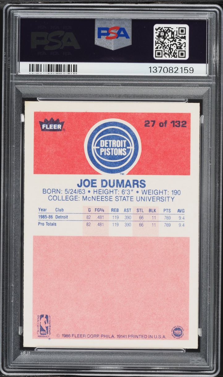 1986 Fleer Basketball Joe Dumars ROOKIE #27 PSA 7 NRMT