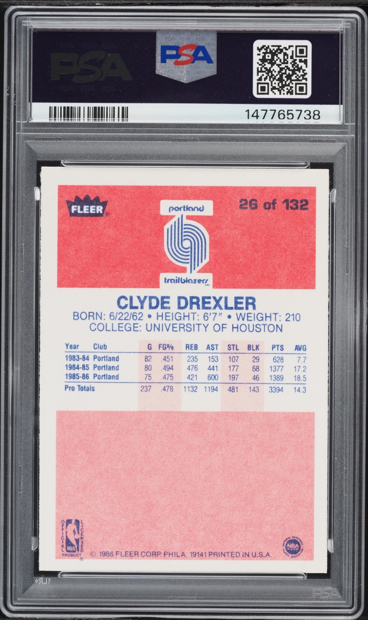 1986 Fleer Basketball Clyde Drexler #26 PSA 8 NM-MT