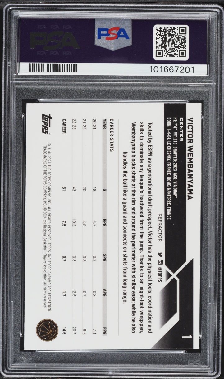 2023 Topps Chrome Refractor Victor Wembanyama ROOKIE #1 PSA 9 MINT