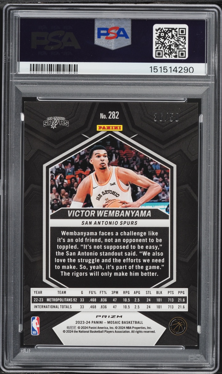 2023 Panini Mosaic Purple Fast Break Prizm Victor Wembanyama ROOKIE /50 #282 PSA 8 NM-MT