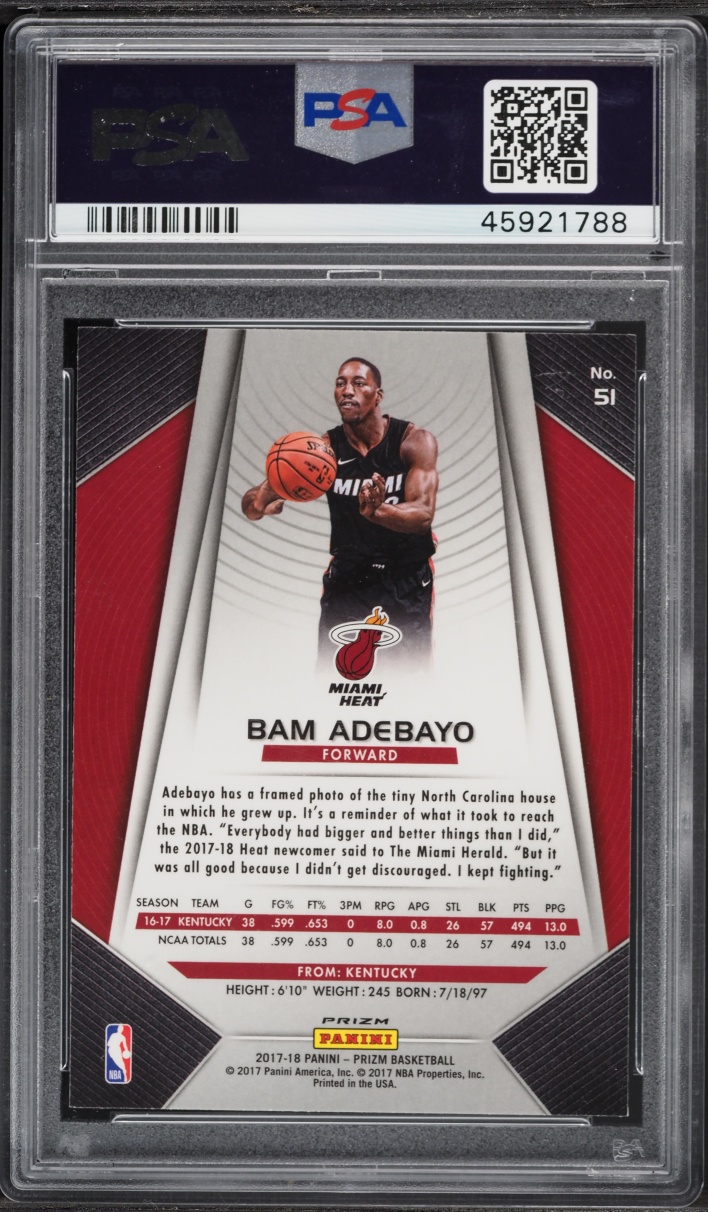 2017 Panini Prizm Silver Bam Adebayo ROOKIE #51 PSA 10 GEM MINT