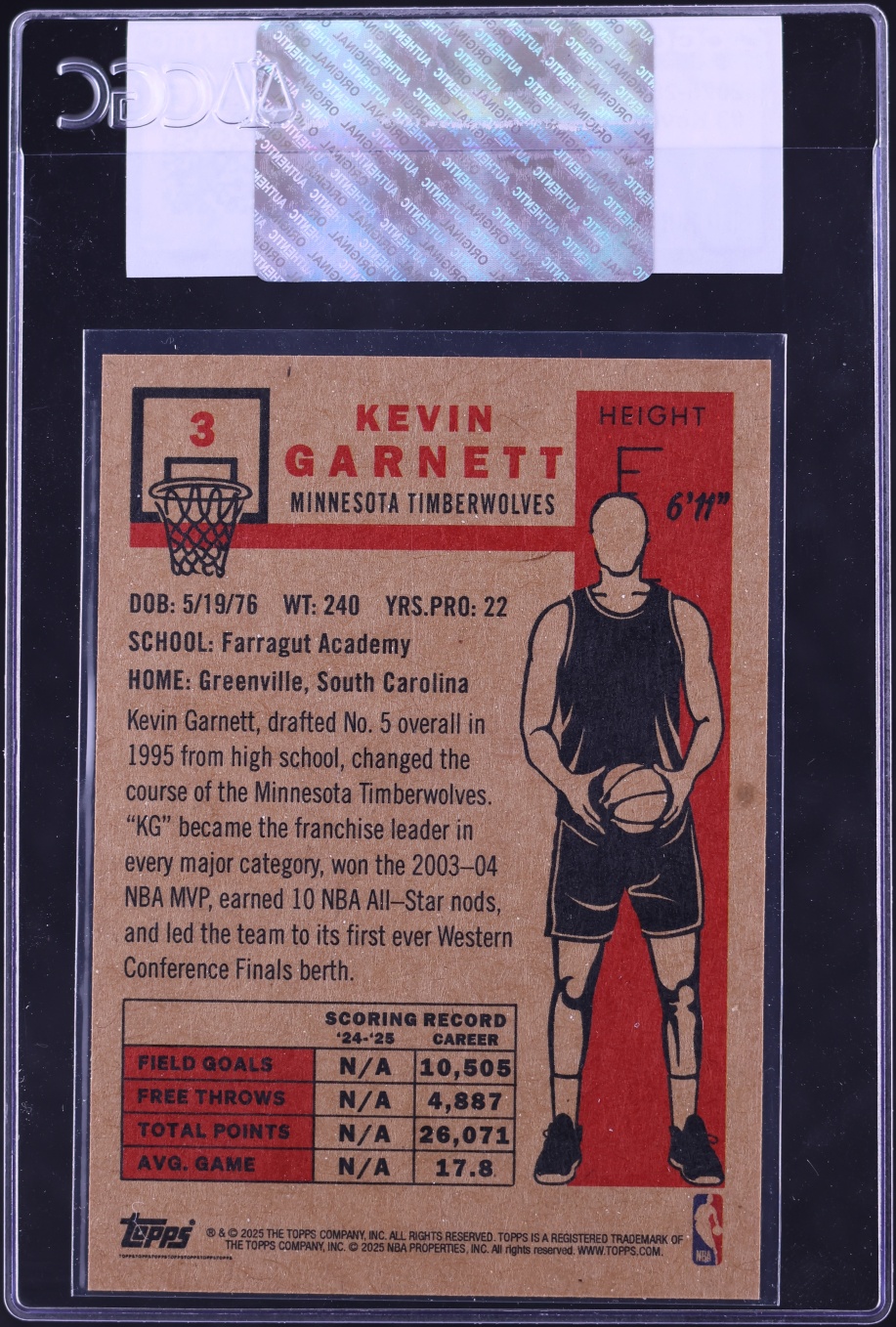 2025 Topps Living Set Kevin Garnett #3 CGC AUTH