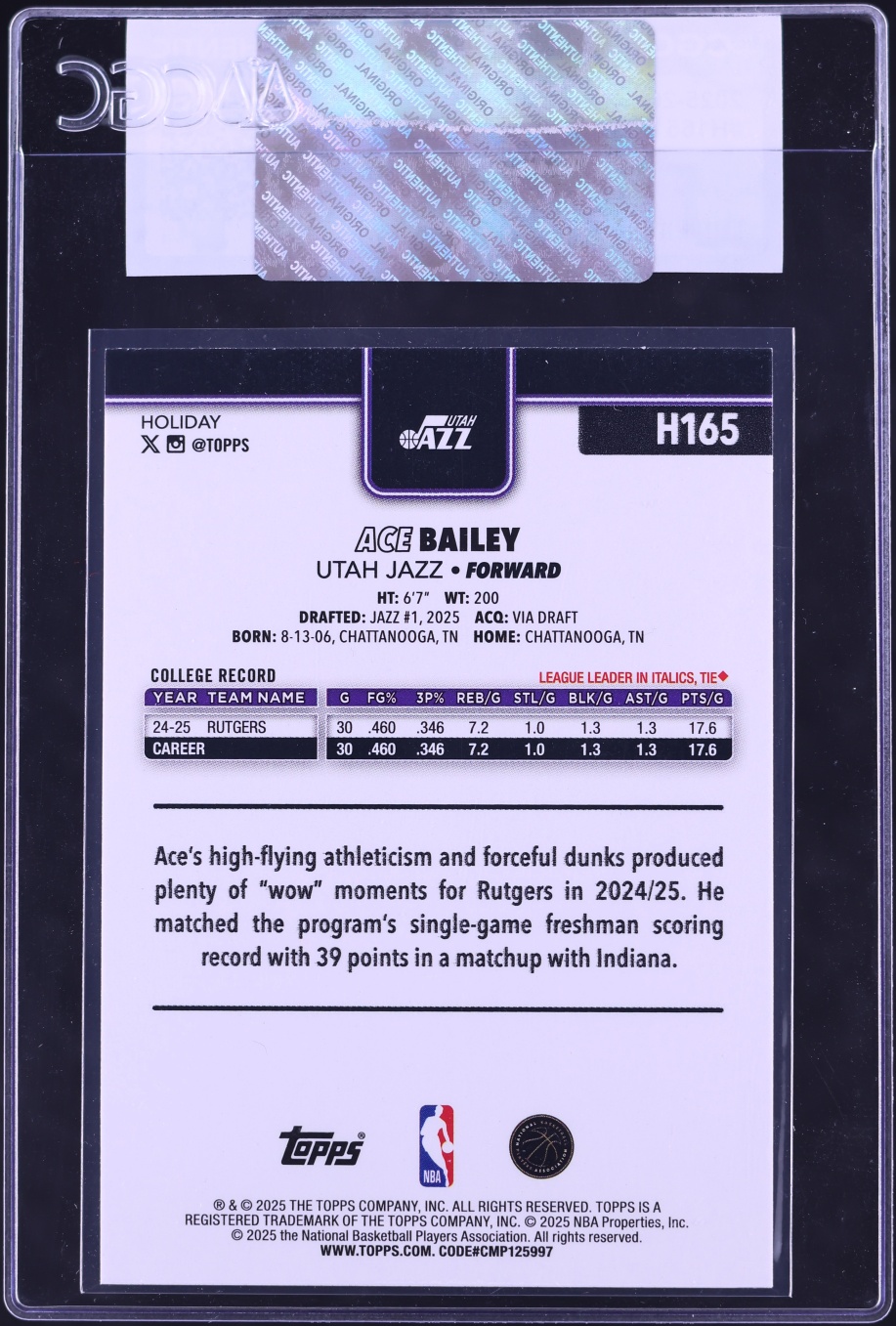 2025 Topps Holiday Ace Bailey ROOKIE #H165 CGC AUTH