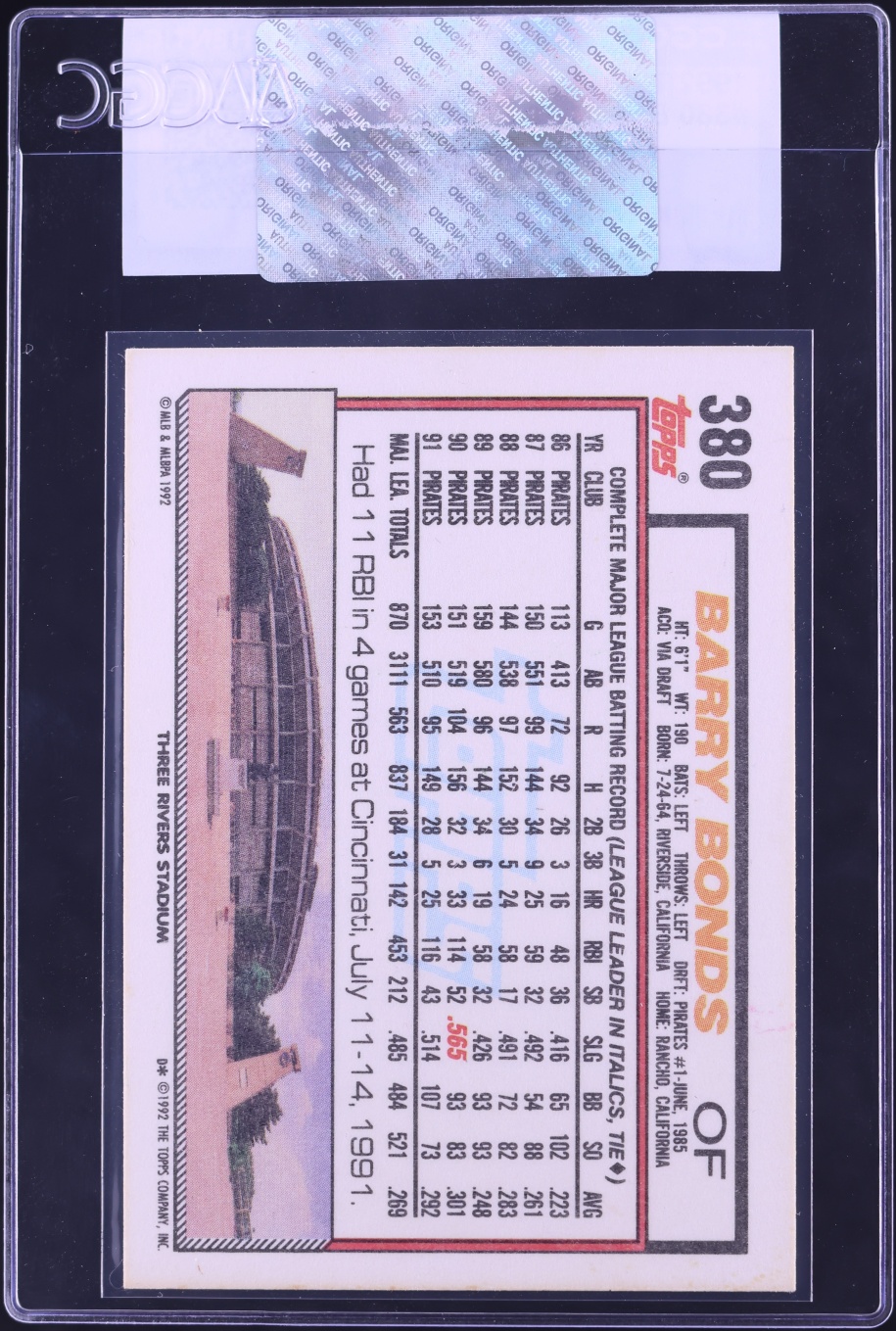 1992 Topps Barry Bonds #380 CGC AUTH