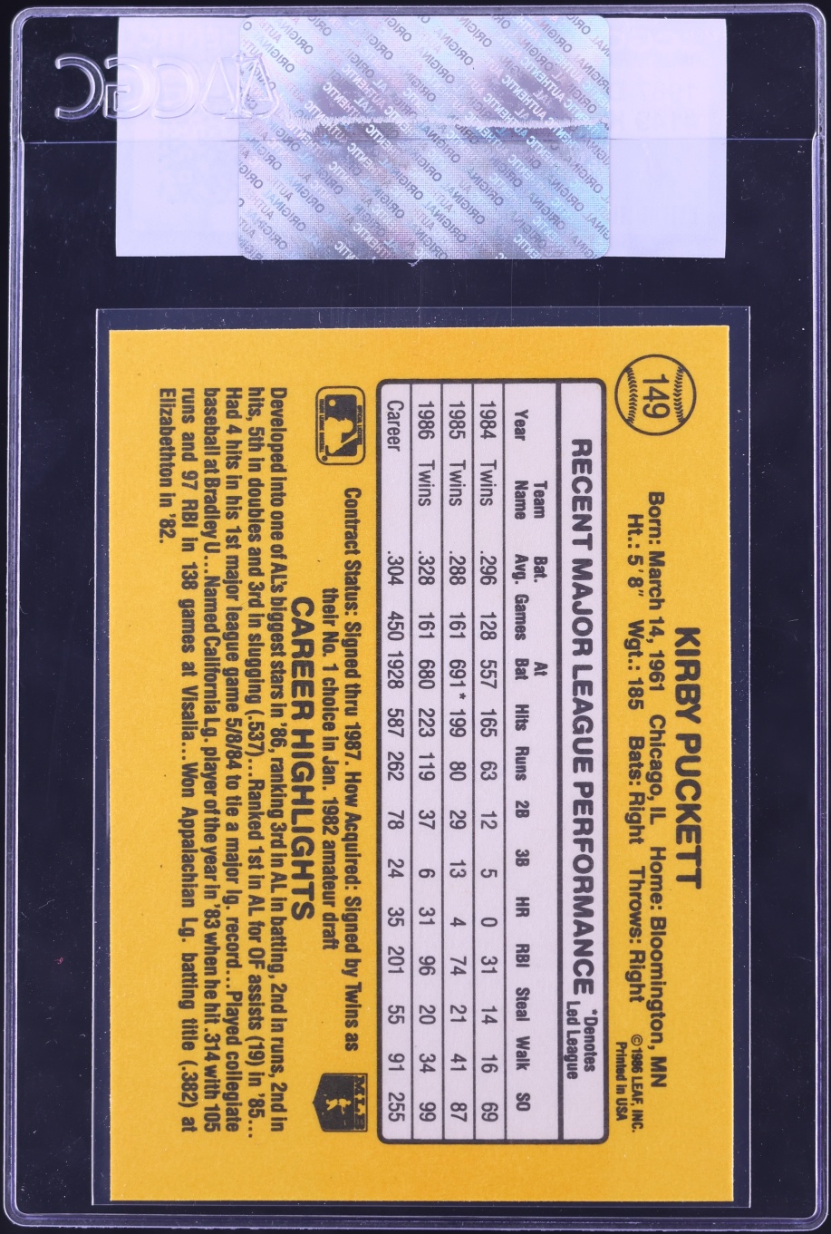 1987 Donruss Kirby Puckett #149 CGC AUTH