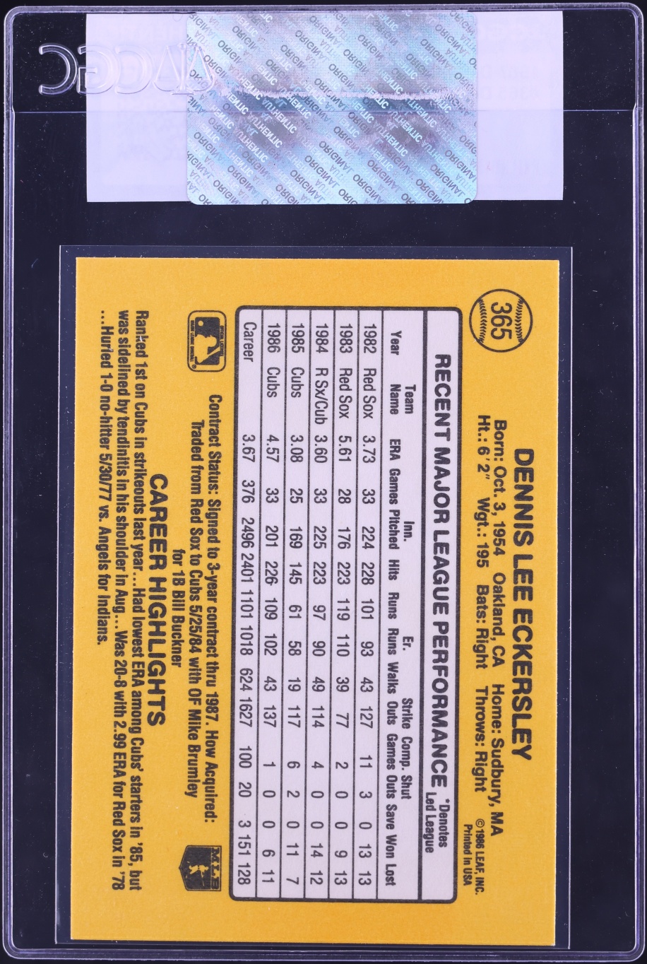 1987 Donruss Dennis Eckersley #365 CGC AUTH
