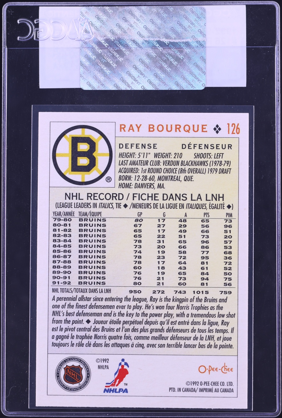 1992 O-Pee-Chee Hockey Ray Bourque #126 CGC AUTH