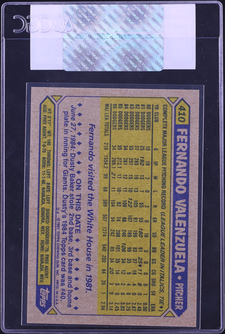 1987 Topps Fernando Valenzuela #410 CGC AUTH