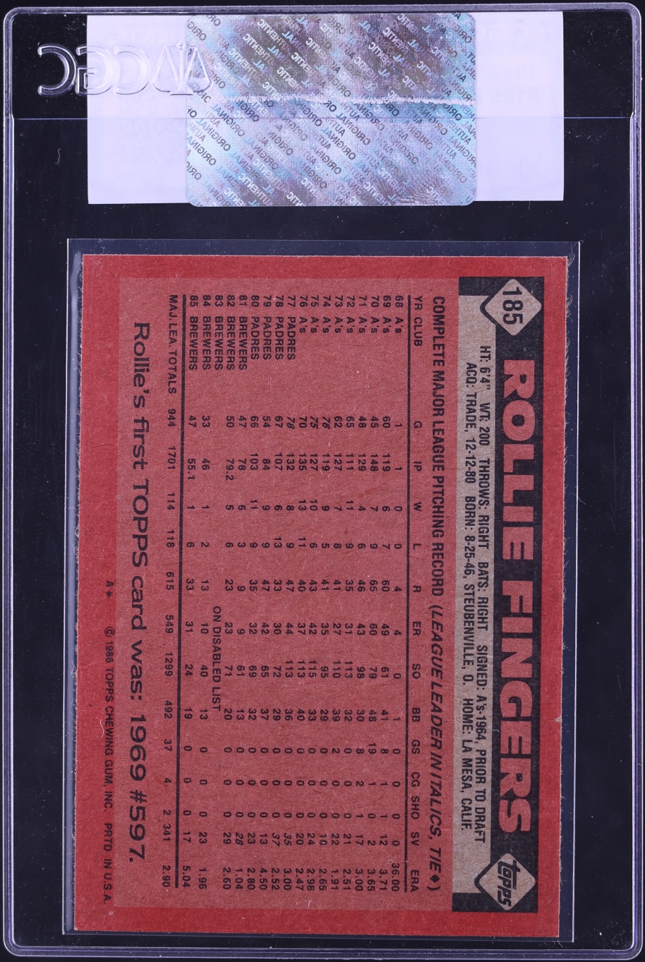 1986 Topps Rollie Fingers #185 CGC AUTH