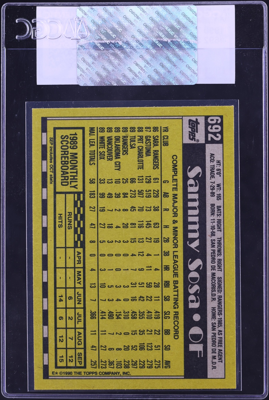 1990 Topps Sammy Sosa ROOKIE #692 CGC AUTH