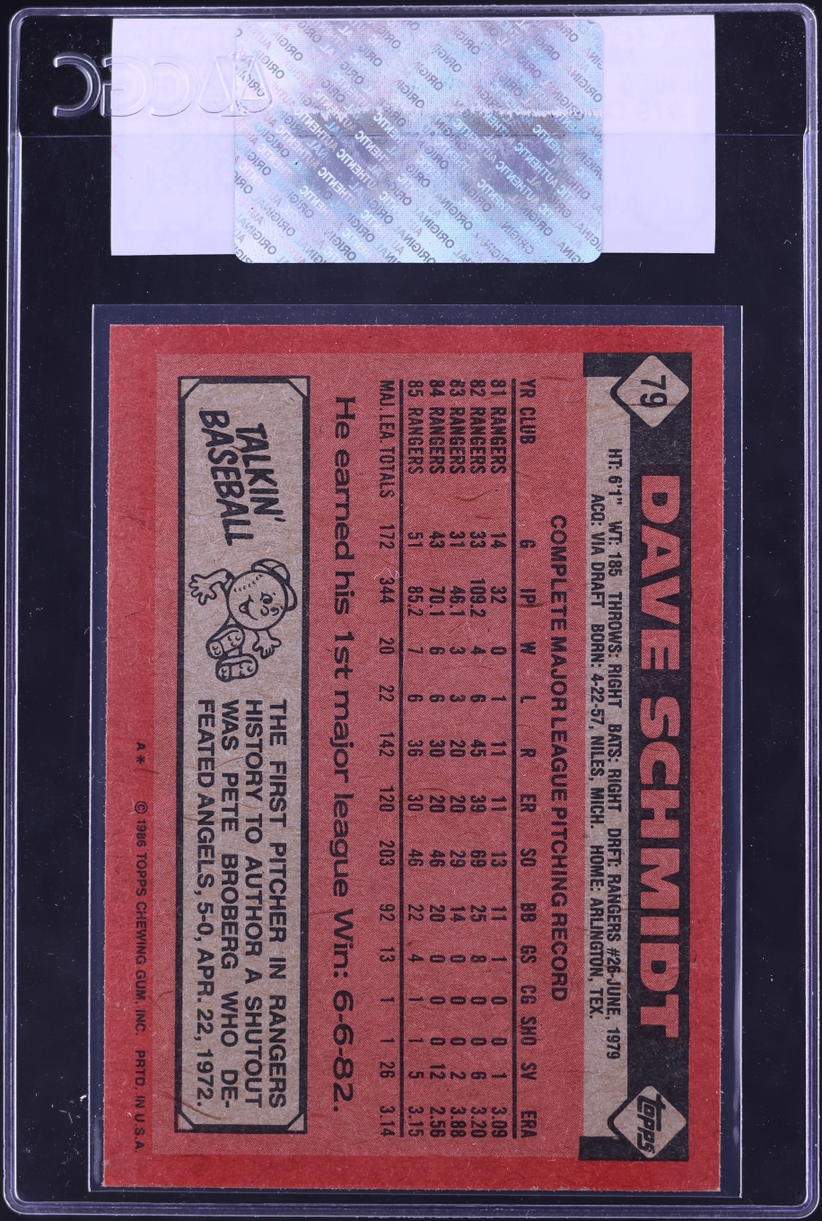 1986 Topps Dave Schmidt #79 CGC AUTH