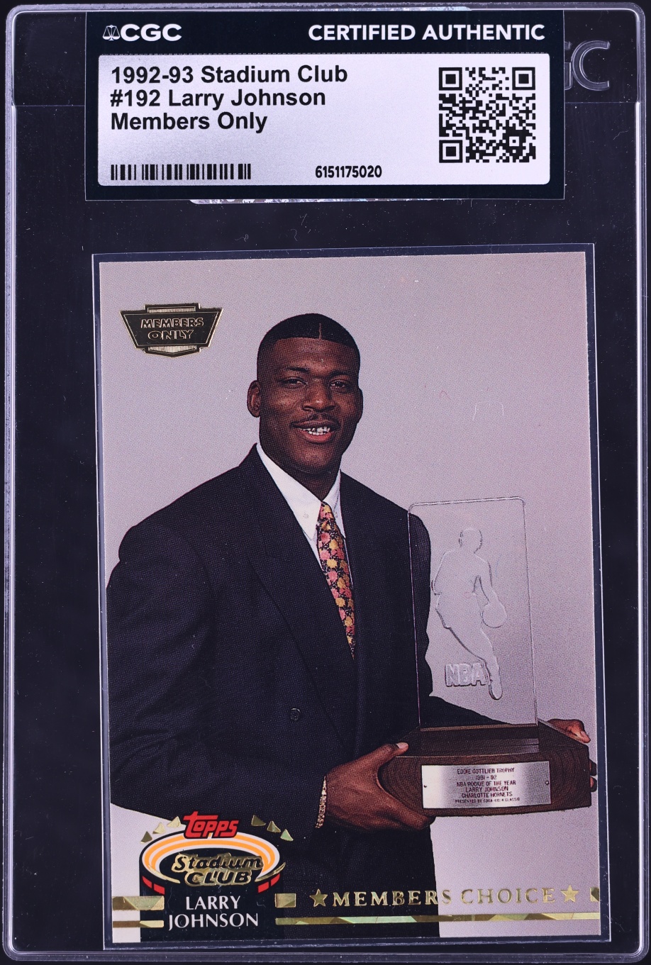 1992 Stadium Club Members Only Larry Johnson #192 CGC AUTH