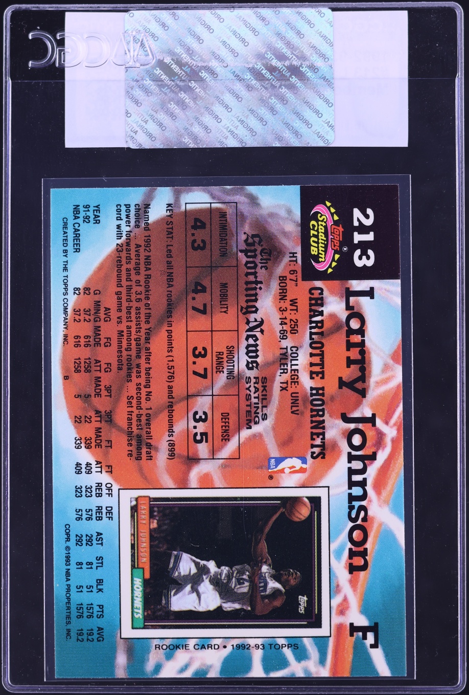 1992 Stadium Club Members Only Larry Johnson #213 CGC AUTH