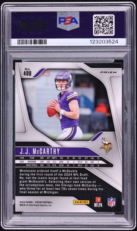 2024 Panini Prizm Silver J.J. McCarthy ROOKIE #400 PSA 10 GEM MINT
