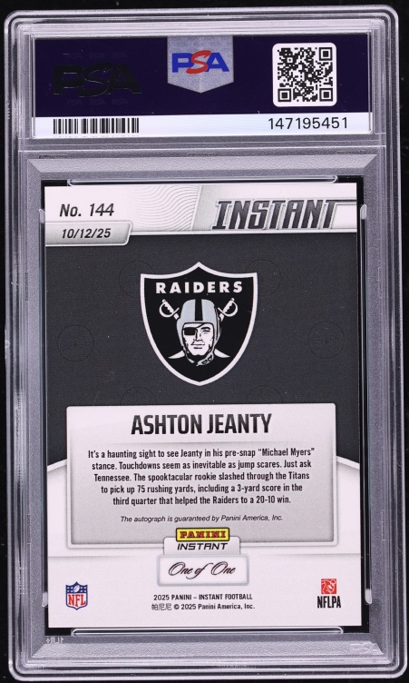 2025 Panini Instant NFL Magma Ashton Jeanty ROOKIE AUTO 1/1 #144 PSA 10 GEM MINT