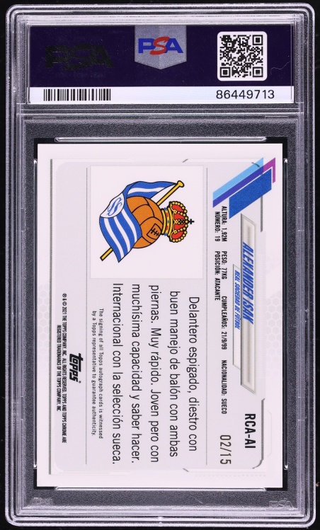 2020 Topps Chrome X Real Sociedad Black Refractor Alexander Isak AUTO /15 #AI PSA 10 GEM MINT