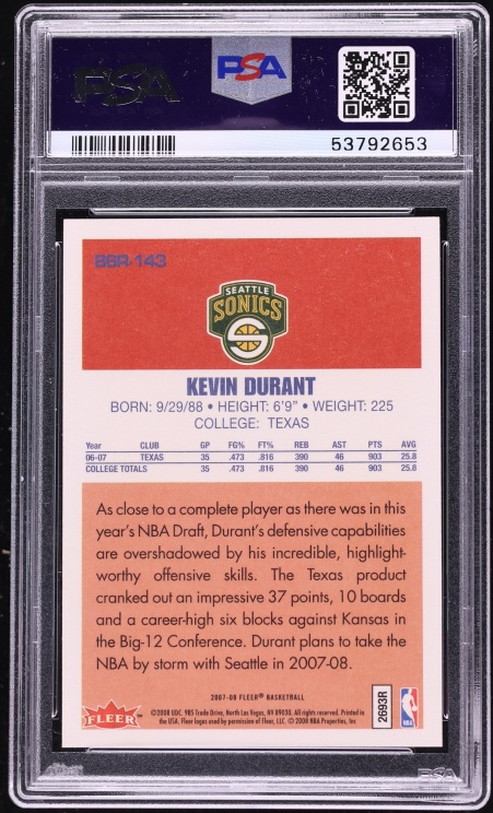 2007 Fleer '86 Retro Kevin Durant ROOKIE #86R-143 PSA 10 GEM MINT