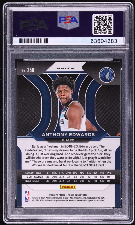2020 Panini Prizm Silver Anthony Edwards ROOKIE #258 PSA 10 GEM MINT