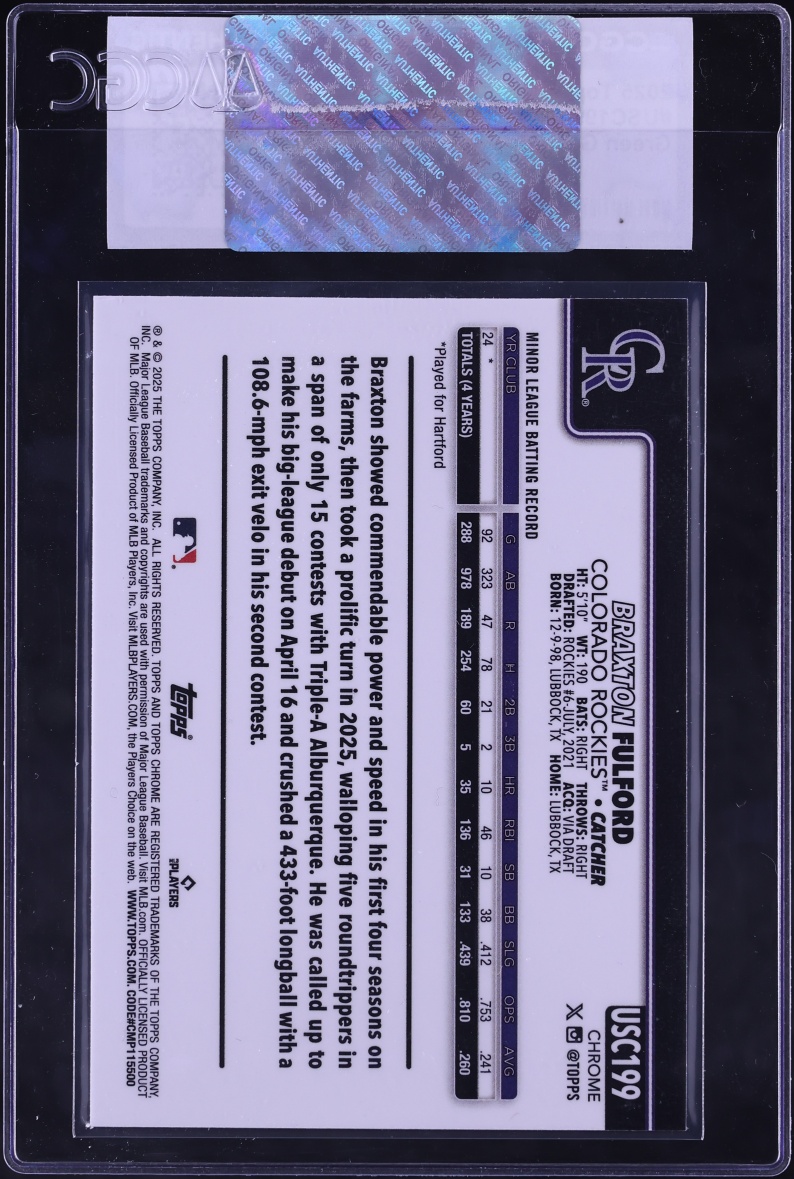 2025 Topps Chrome Update Green Geometric Refractor Braxton Fulford ROOKIE /99 #USC199 CGC AUTH