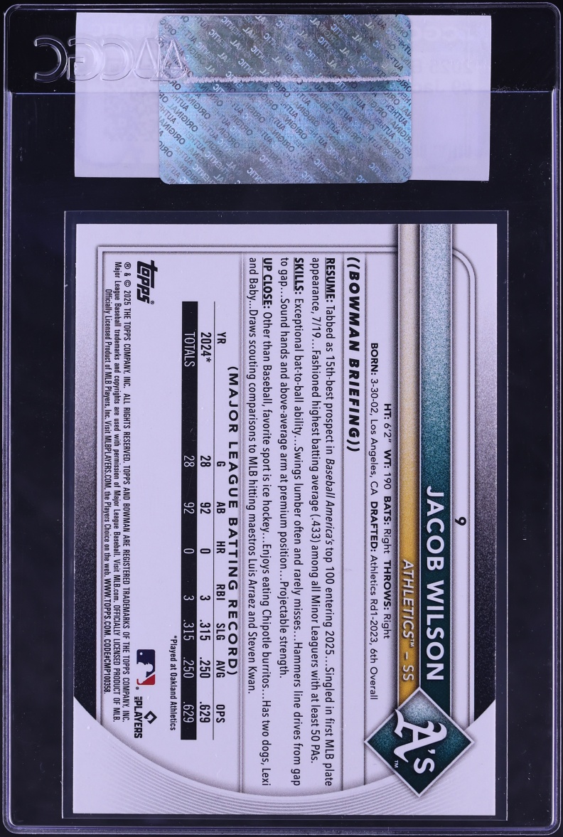 2025 Bowman Jacob Wilson ROOKIE #9 CGC AUTH