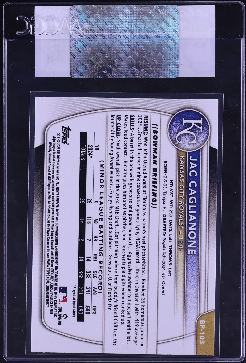 2025 Bowman Jac Caglianone PROSPECT #BP-103 CGC AUTH