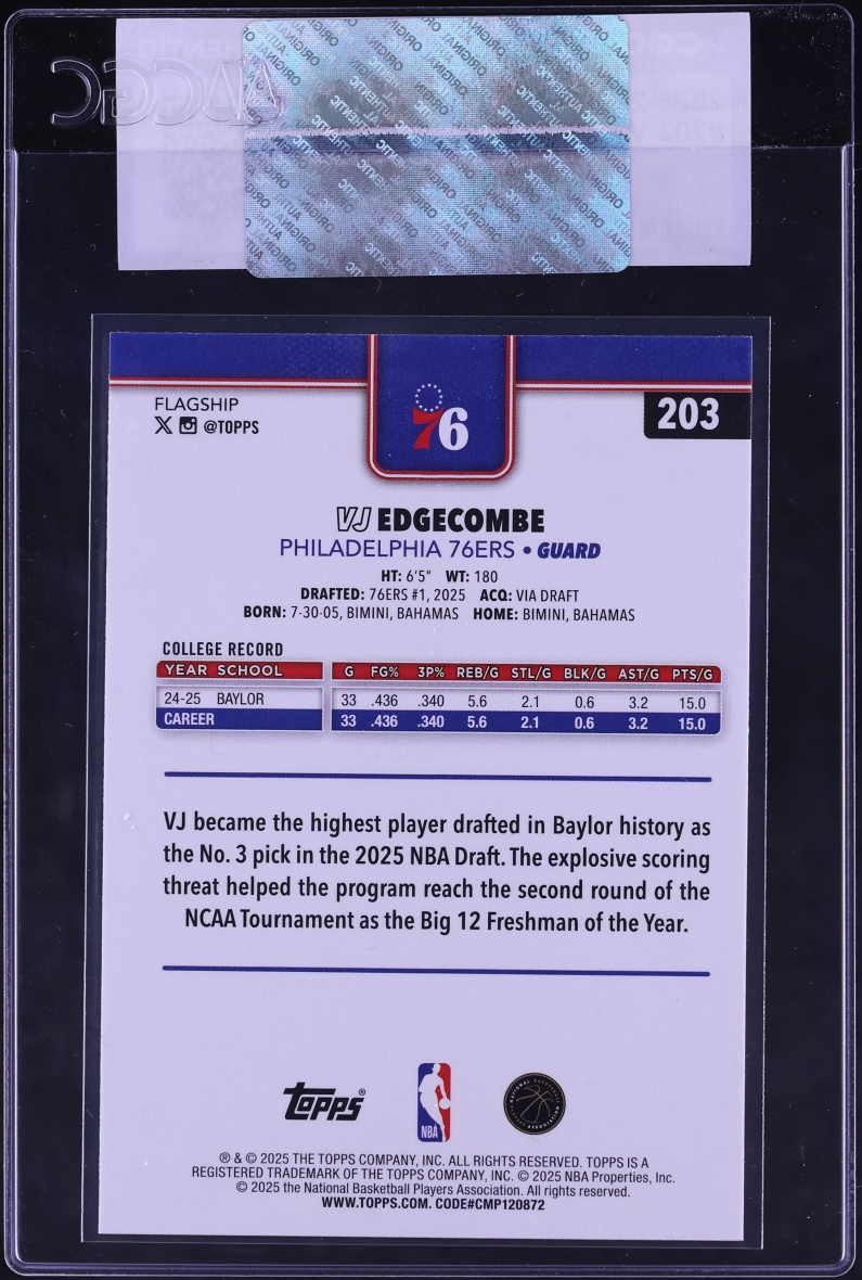 2025 Topps Basketball VJ Edgecombe ROOKIE #203 CGC AUTH