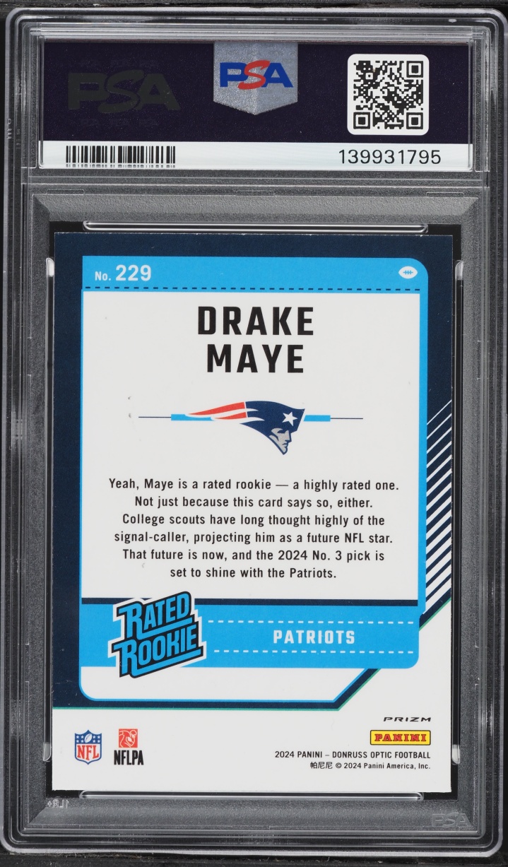 2024 Donruss Optic Blue Hyper Prizm Drake Maye ROOKIE #229 PSA 9 MINT