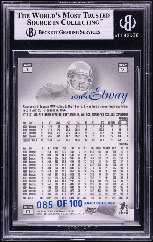 1997 Flair Showcase Legacy Collection Row 1 John Elway /100 #B7 BGS 8.5 NM-MT+