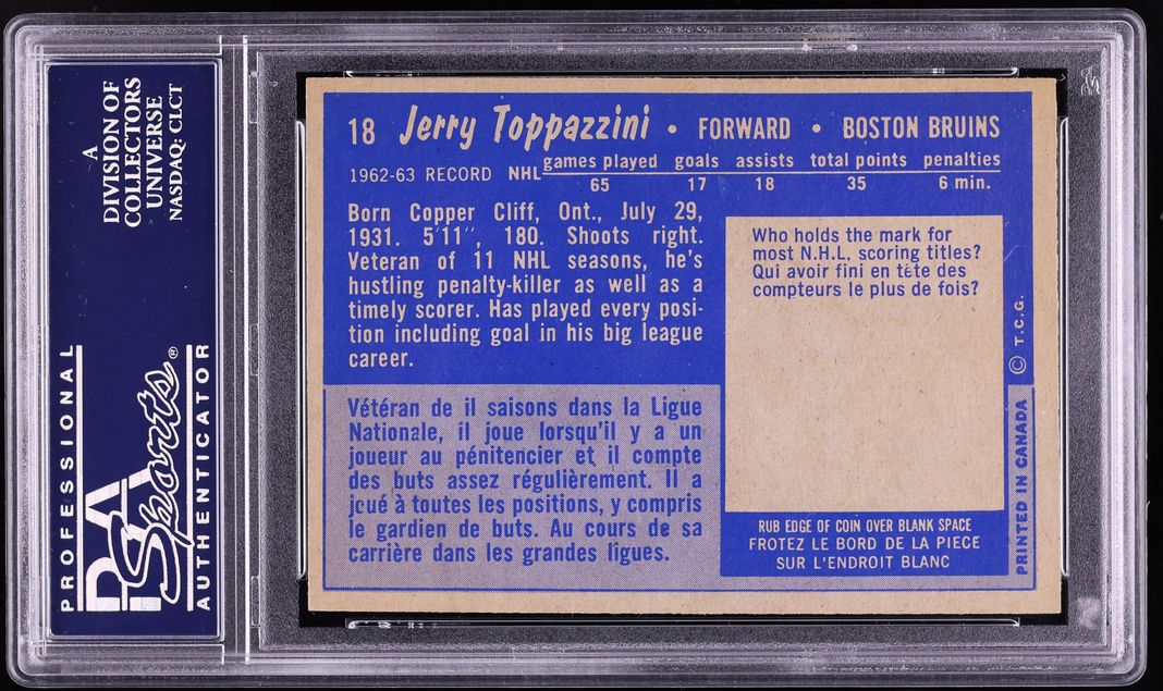 1963 Topps Hockey Jerry Toppazzini #18 PSA 6 EXMT