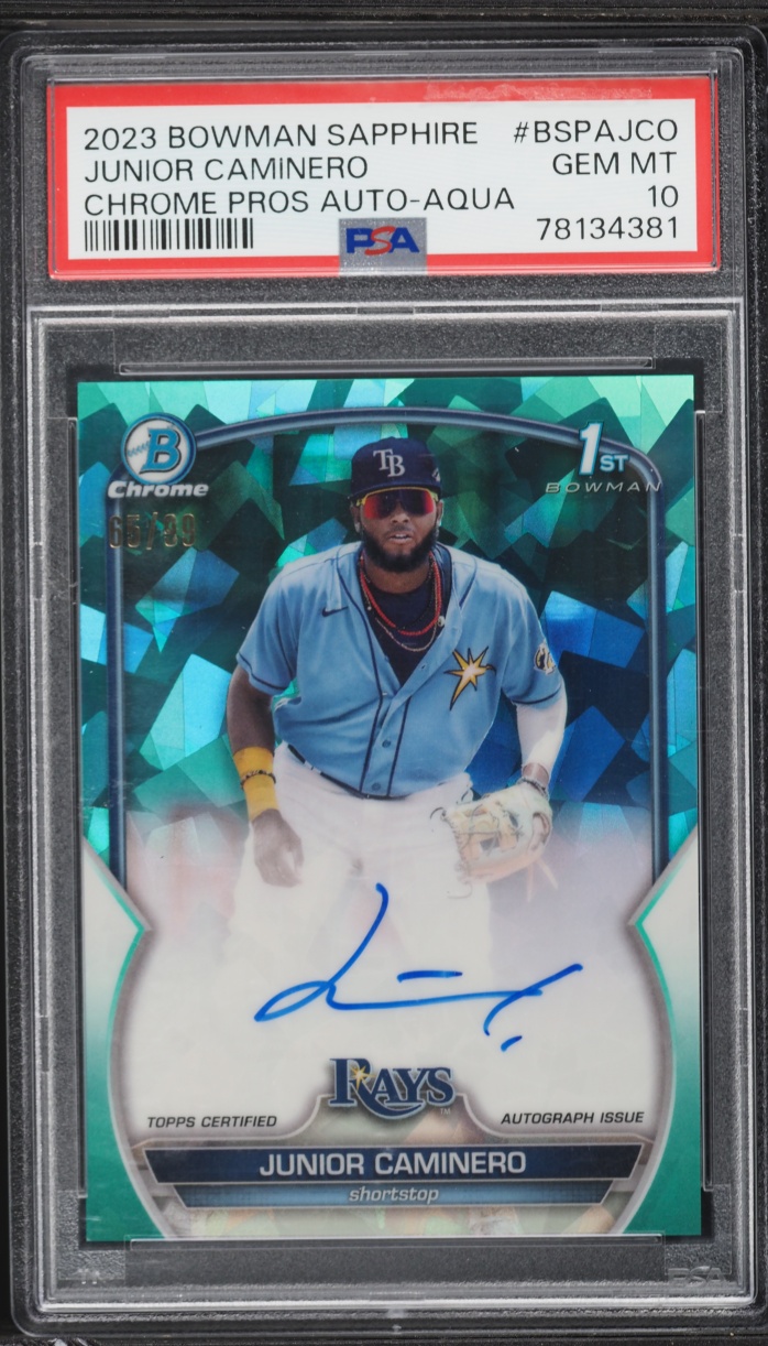 2023 Bowman Chrome Sapphire Aqua Junior Caminero PROSPECT AUTO /99 #BSPA-JCO PSA 10 GEM MINT