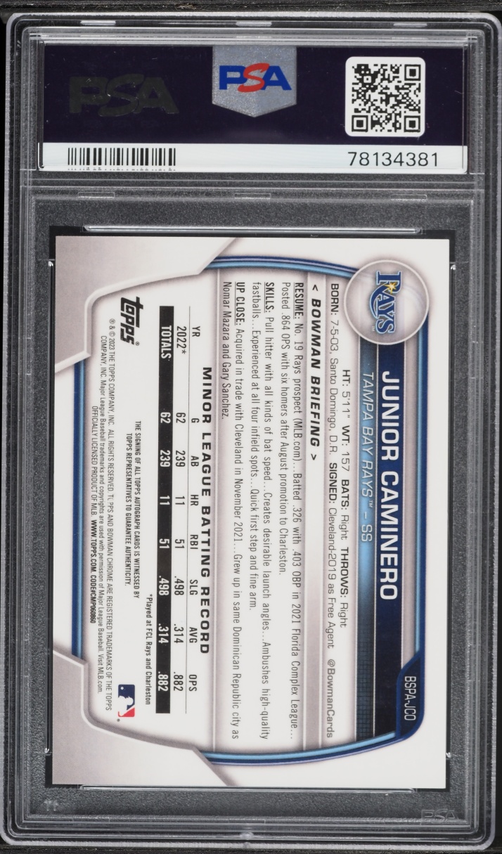 2023 Bowman Chrome Sapphire Aqua Junior Caminero PROSPECT AUTO /99 #BSPA-JCO PSA 10 GEM MINT