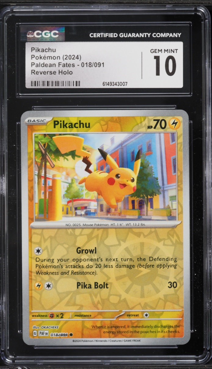 2024 Pokemon Scarlet & Violet Paldean Fates Reverse Holo Pikachu #18 CGC 10 GEM MINT