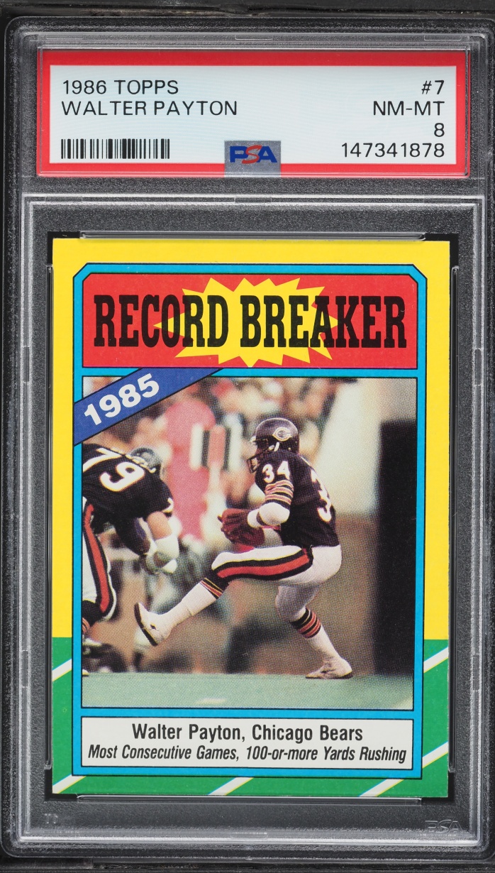 1986 Topps Football Walter Payton '85 RECORD BREAKER #7 PSA 8 NM-MT