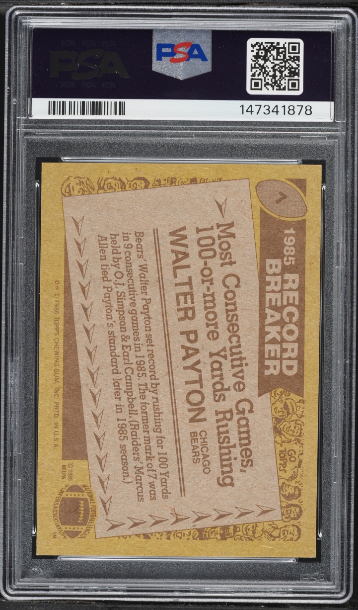 1986 Topps Football Walter Payton '85 RECORD BREAKER #7 PSA 8 NM-MT