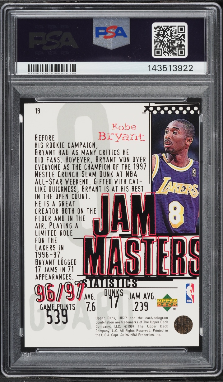 1996 UD3 Basketball Kobe Bryant ROOKIE #19 PSA 9 MINT