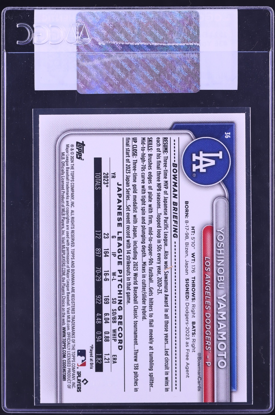 2024 Bowman Yoshinobu Yamamoto ROOKIE #36 CGC AUTH