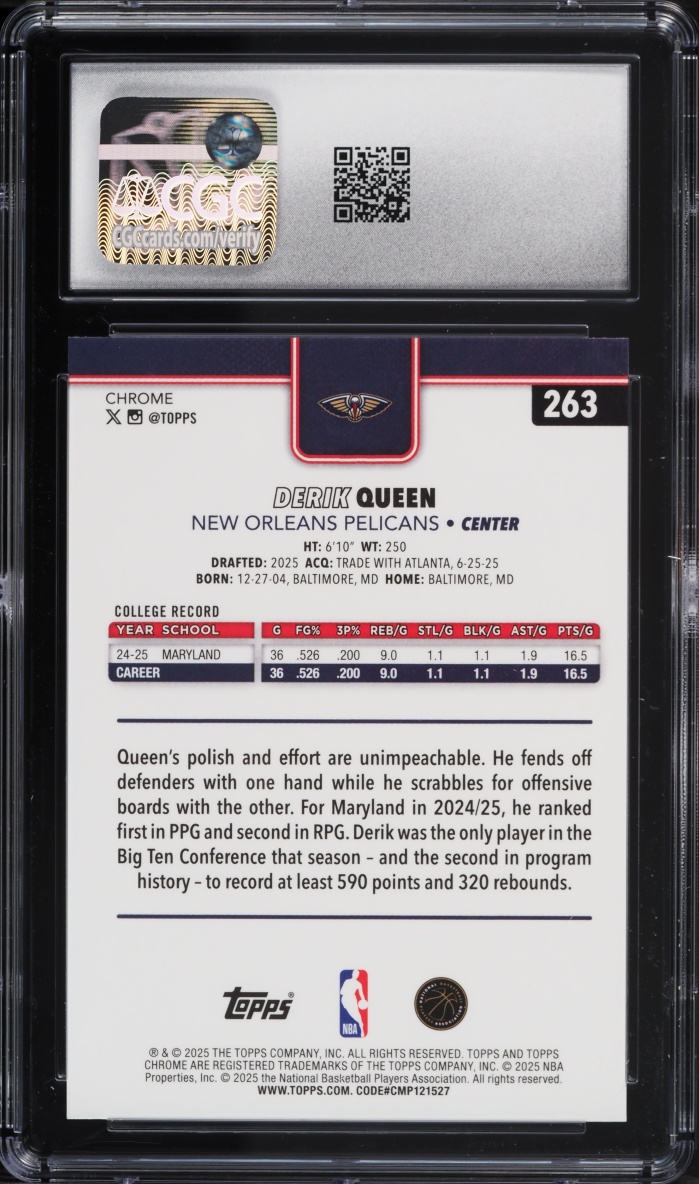 2025 Topps Chrome Sapphire Derik Queen ROOKIE #263 CGC 10 GEM MINT
