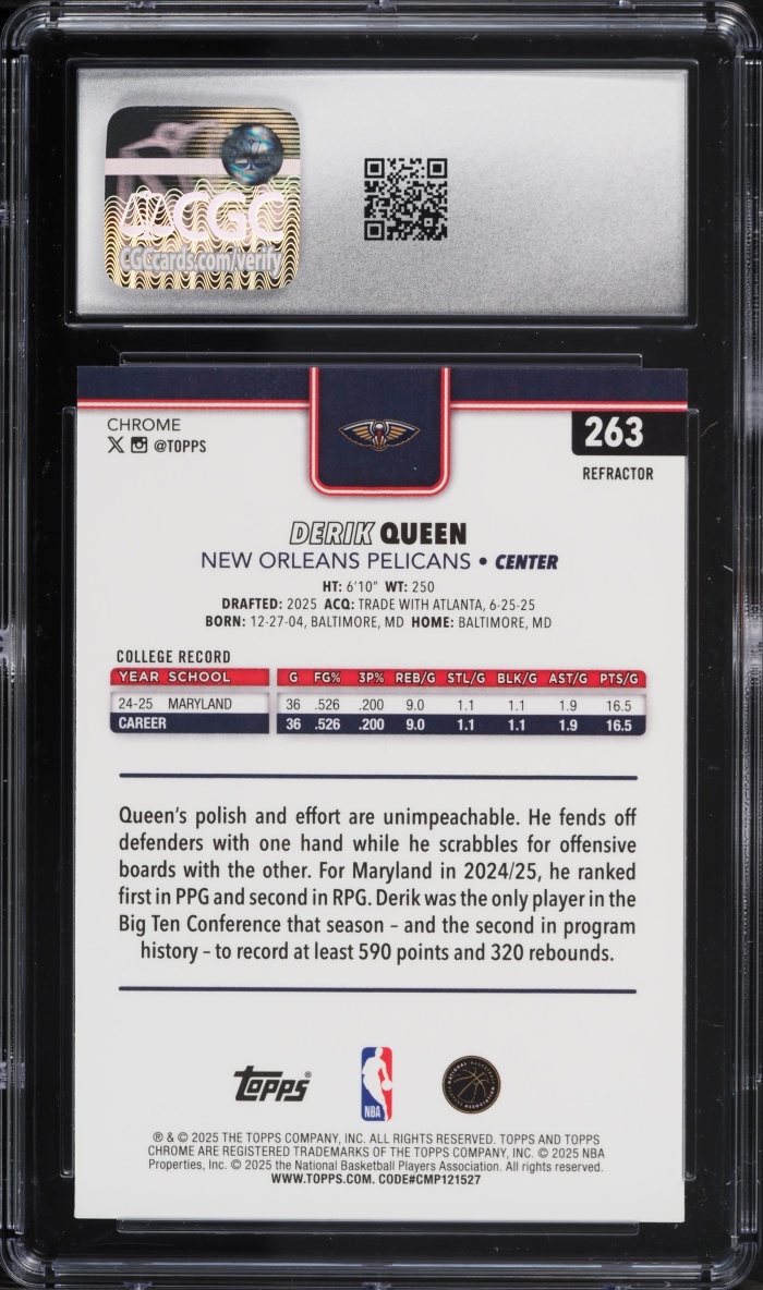 2025 Topps Chrome Refractor Derik Queen ROOKIE #263 CGC 9.5 MINT+