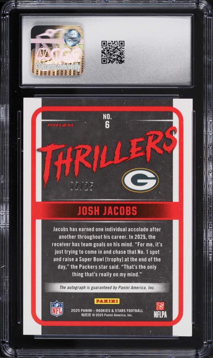 2025 Panini Rookies & Stars Thrillers Signatures Josh Jacobs ROOKIE AUTO /25 #6 CGC 10 GEM MINT