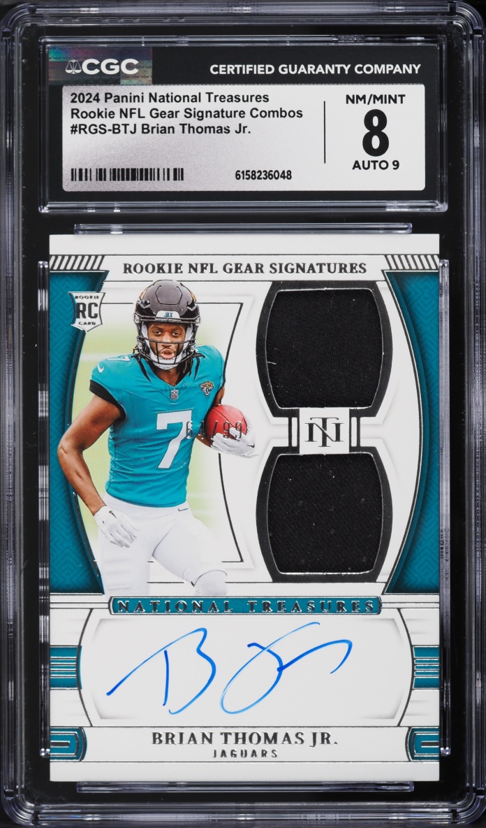 2024 National Treasures NFL Gear Combos Brian Thomas Jr. ROOKIE PATCH AUTO #RGS-BTJ CGC 8